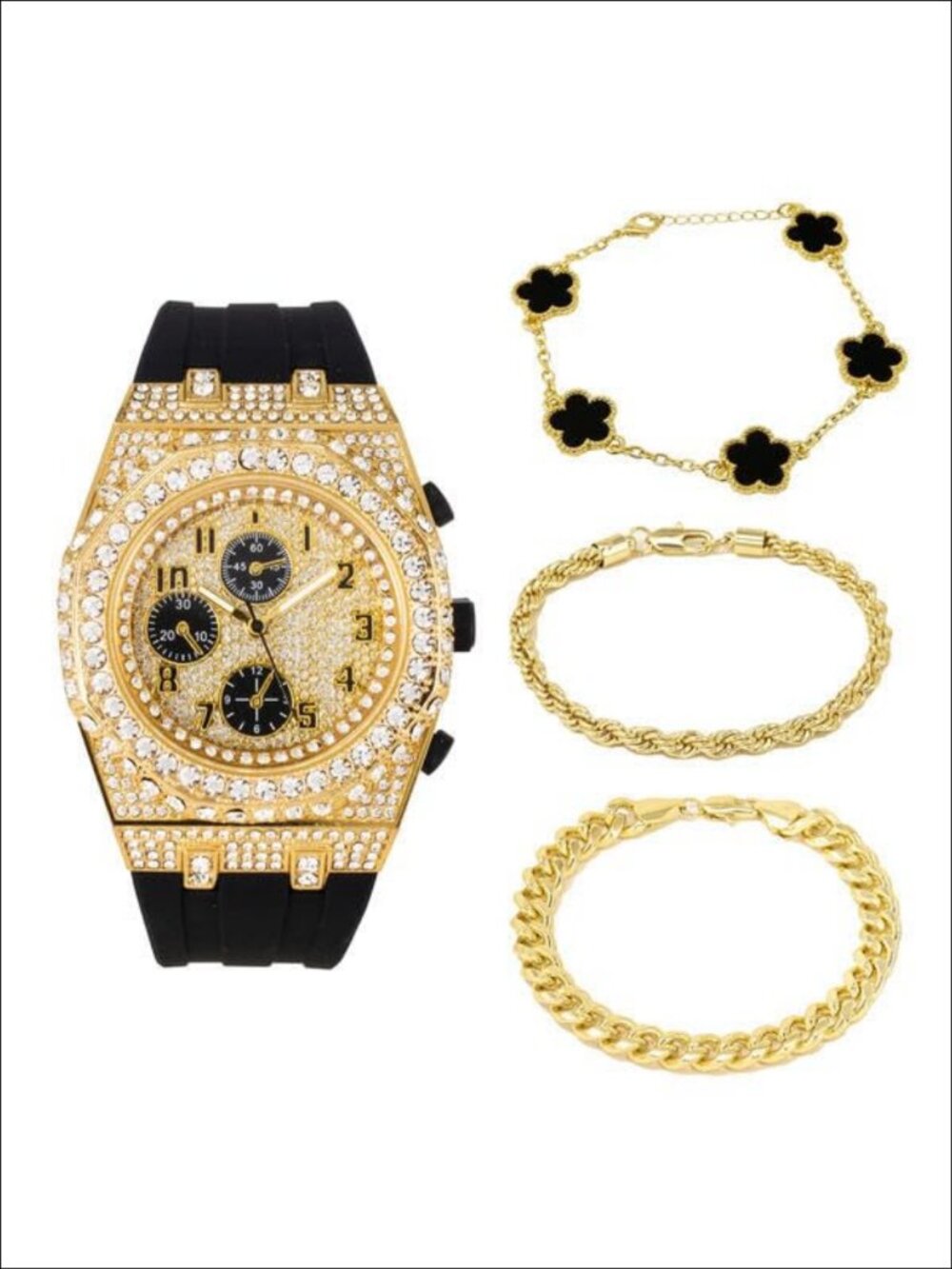 Men's 43mm Luxury Iced Diamond Octagon Watch & Bracelet Set with Silicone Band